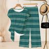 Women Plus Size Two Piece Pants Set Round Neck Short Sleeve Striped Printed Knot Hem Top Long Pants