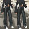 Womens PU Leather Pants Streetwear Casual Flare Trousers High Waist Micro Stretch Fall