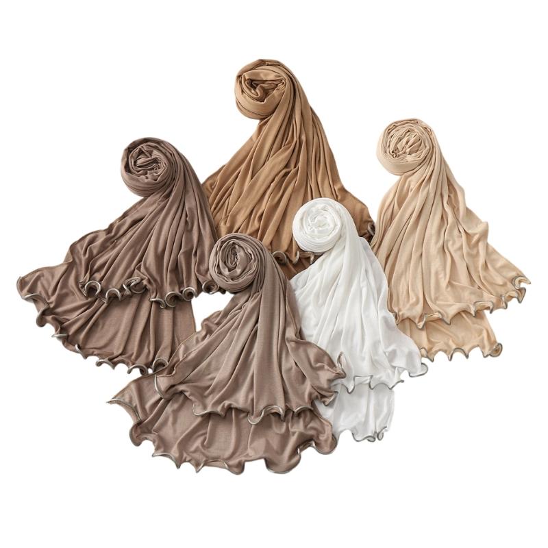 Luxurious Cotton Hijab Scarf for Women Breathable Comfortable Ruffled Trim Head Wrap Shawl Wrap for Culture Event Wear