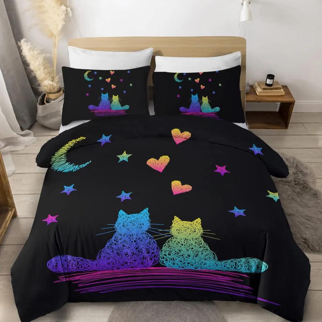 Witch Black Cat Duvet Cover Set Full,Cat Sitting On Moon Bedding Set Vintage Gothic Animals Cat Comforter Cover 2/3pcs Bed Sets
