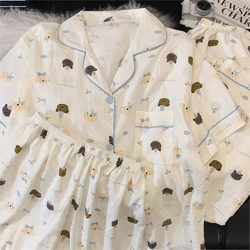 Set de pijamale de vară pentru femei cu pisicuță: Bumbac Nor Scutec cu Mânecă Scurtă, Pantaloni Scurți și Pantaloni Lungi