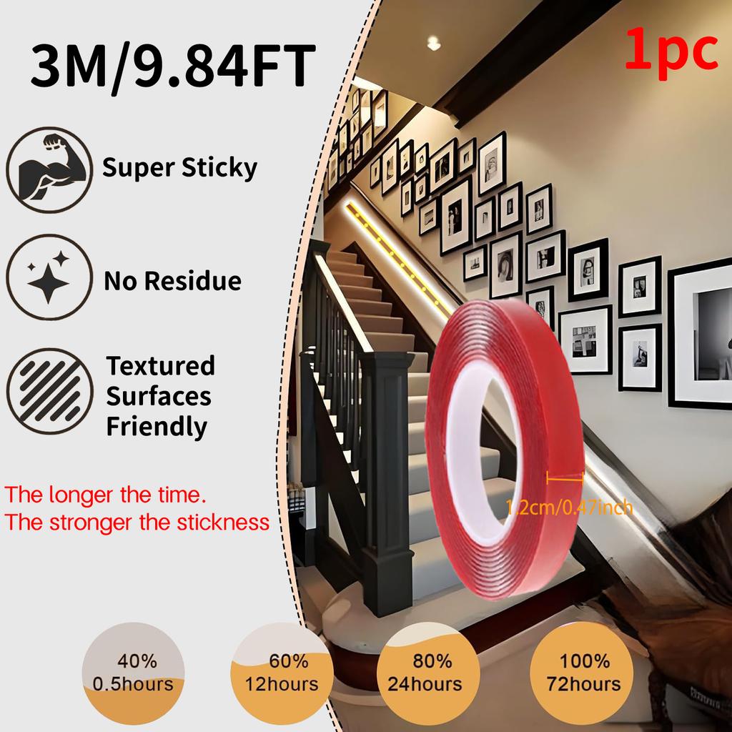 Red Acrylic Double-Sided Tape, Transparent, Strong Adhesive, No Trace, 6mm–30mm, for Phone, LCD, and Car Use