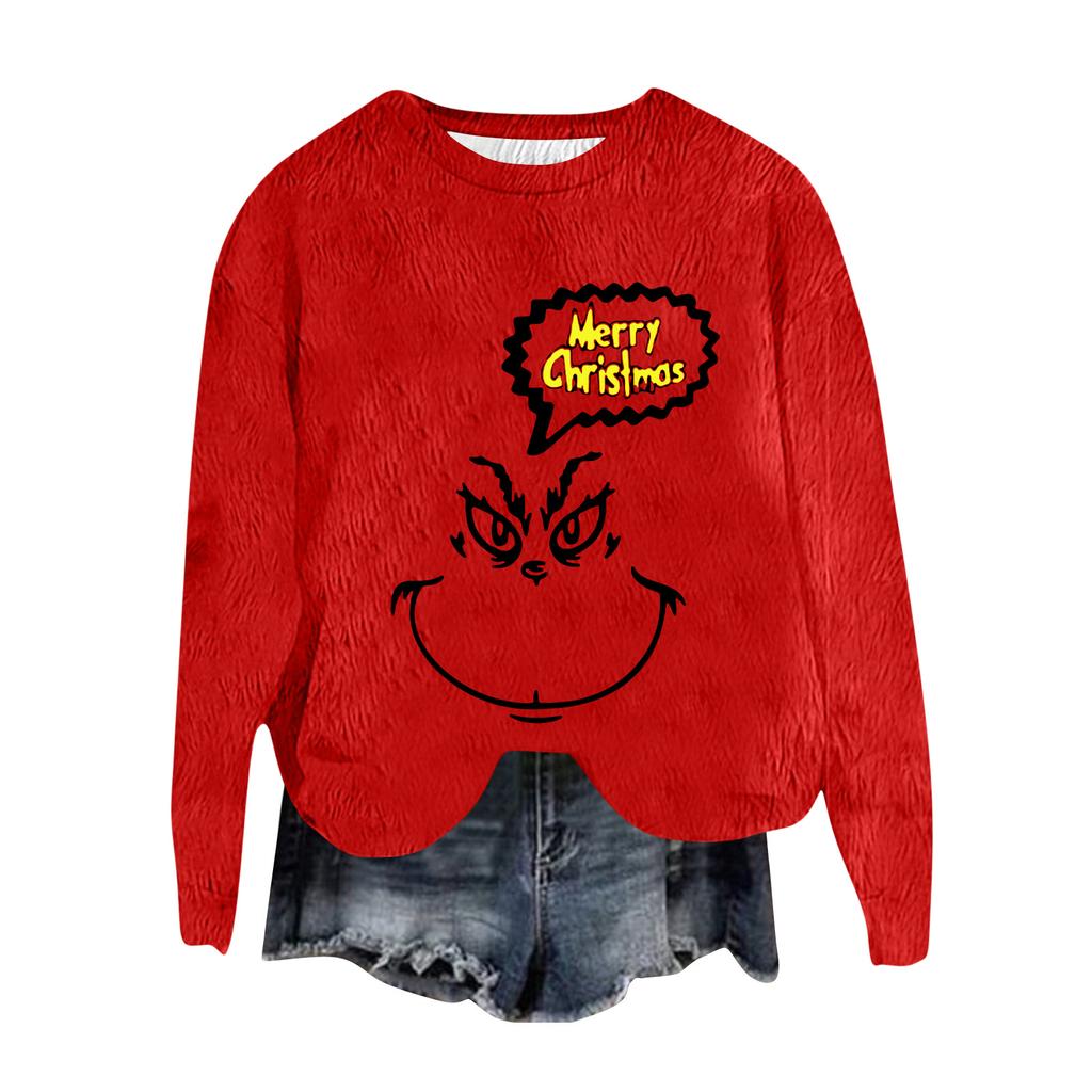 Women's Fashion Round Neck Pullover Top Long Sleeve Tee Christmas Printed Sweatshirt