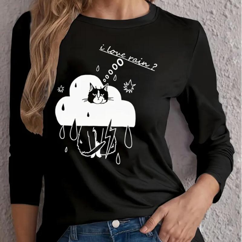 

Топы для женщин Футболка с круглым вырезом и длинным рукавом The Melancholic Cat Print, осенний повседневный тонкий пуловер, женский топ с длинным рукавом 8XL чёрный