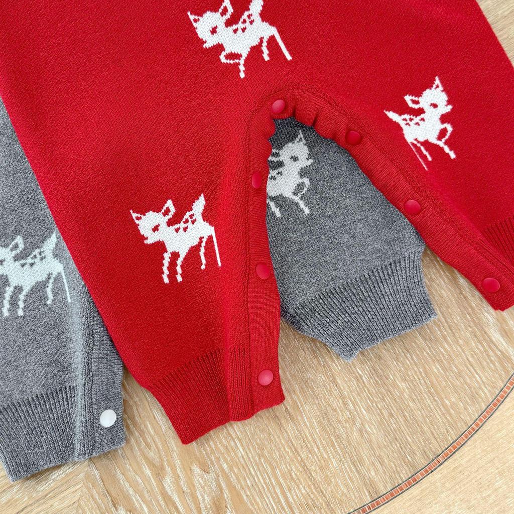 Knitted Jacquard Deer Baby Romper for Autumn & Spring - Unisex First Birthday Outfit