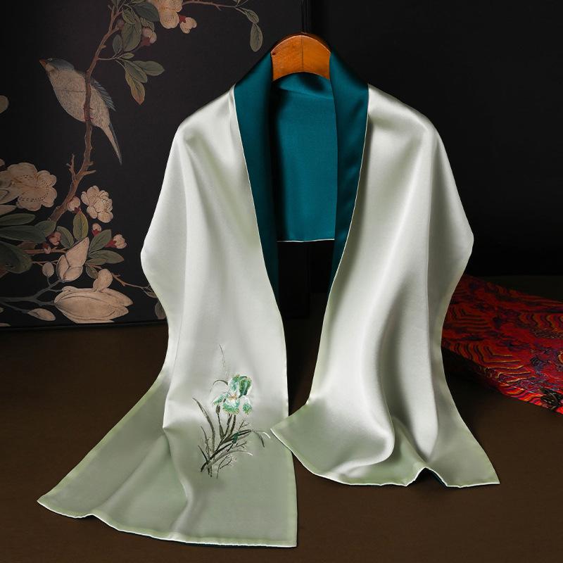 High-end intangible cultural heritage Suzhou embroidery silk long scarf women s double-sided mulberry silk embroidery silk scarf gift box 155cm*35cm