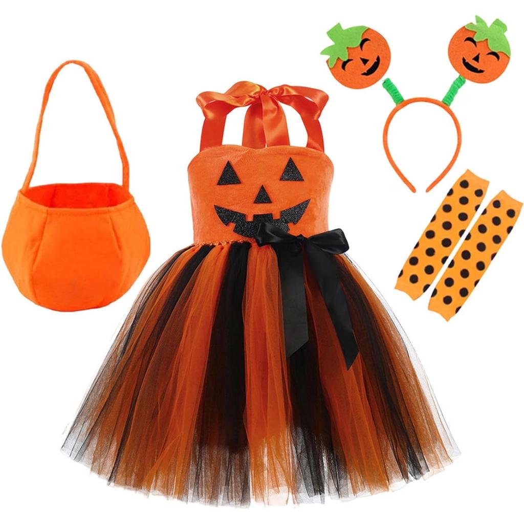 Dívčí Halloweenské Šaty Dětský Dýňový Kostým Párty Šaty s Sáčkem na Cukroví pro