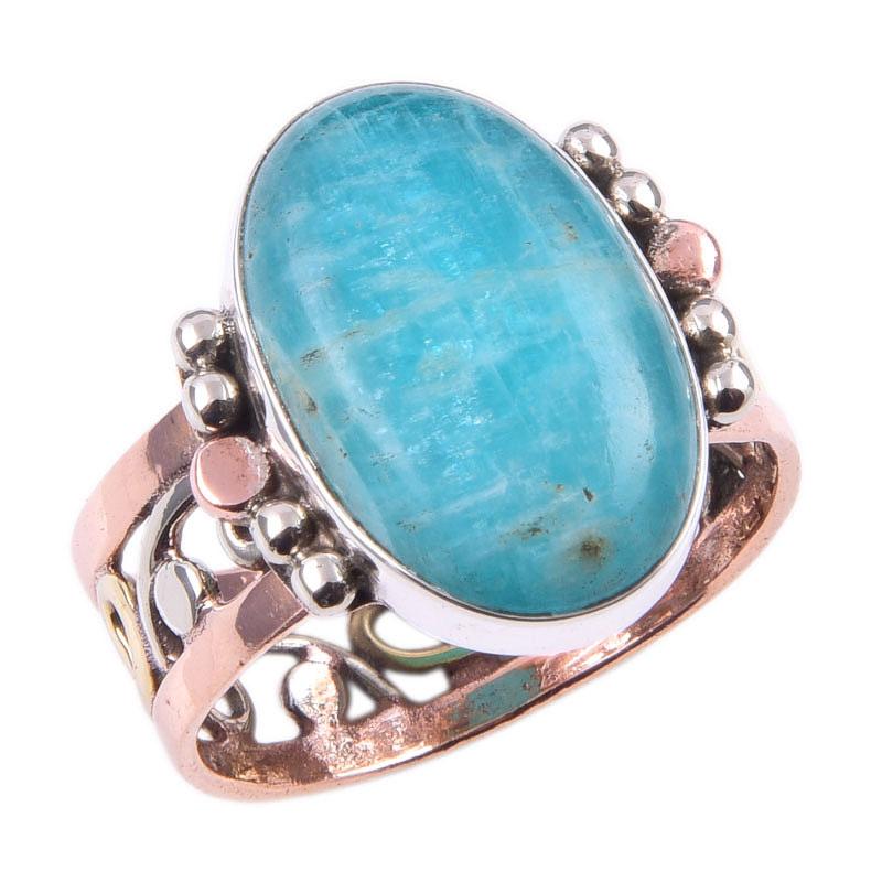 Pierre Précieuse Amazonite Naturelle Fait Main Argent Sterling 925 Bicolore Bague T.9.5 c2d16