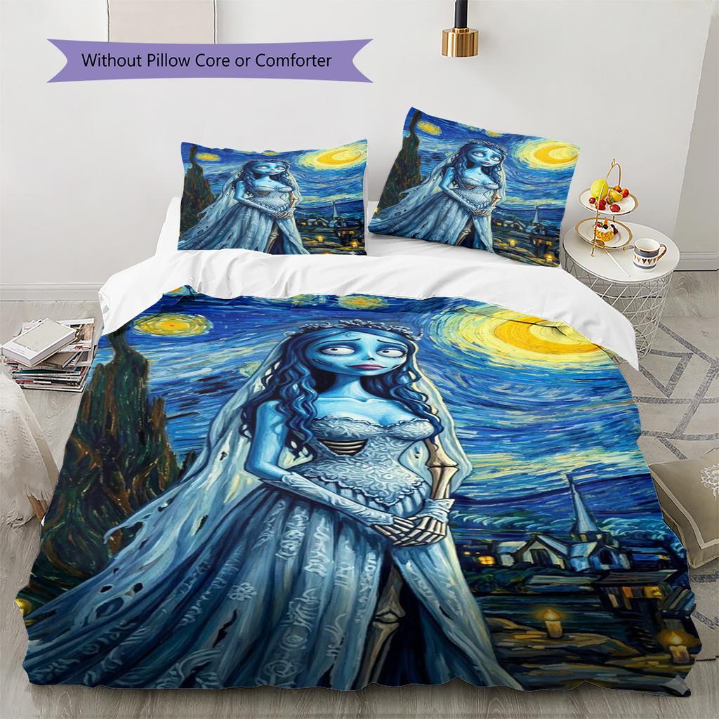 Corpse Bride Pattern Bedding Set Quilt Cover Pillowcase Home Decor Gift (1 * Duvet Cover + 2 * Pillowcase, Without Core)