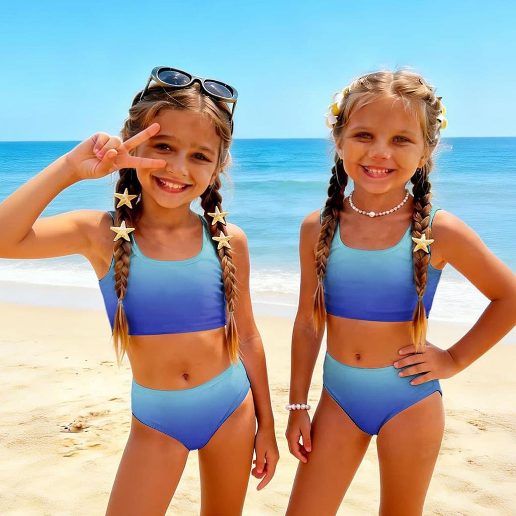 Girls Two Piece Swimsuit Set Gradient Print Sleeveless Crop Top and High Waist Bottoms Summer Beach Swimwear for Kids