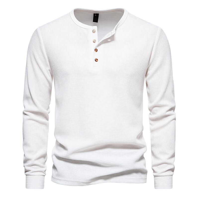 Men's Spring/Fall Waffle-Patterned Henley-Neck T-Shirt