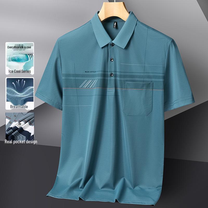 

Men s Ice Silk Print Short Sleeve Polo with Real Pocket L