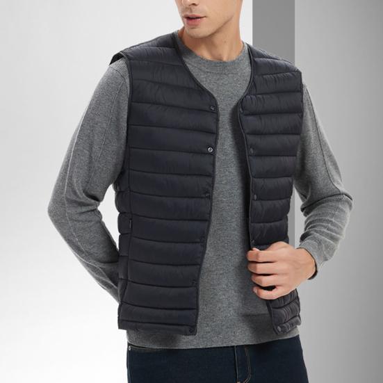 Pánská zimní vesta jednobarevná vycpaná jednořadá vesta bez rukávů teplý, výstřih do V, větruodolná zimní vesta na výlet