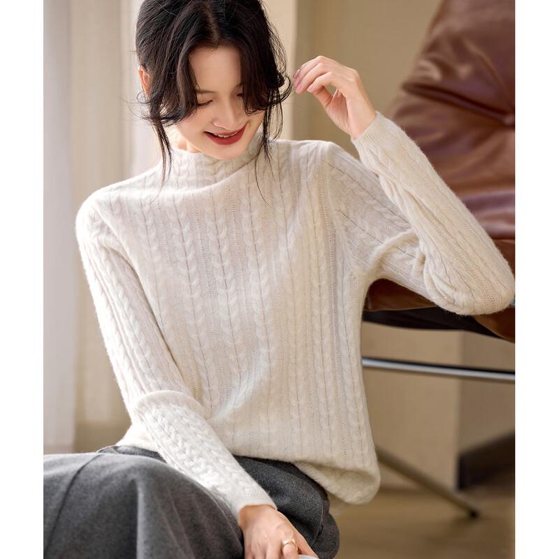 Srcr Women's 100% Cashmere Semi-High Collar Cable Knit Sweater