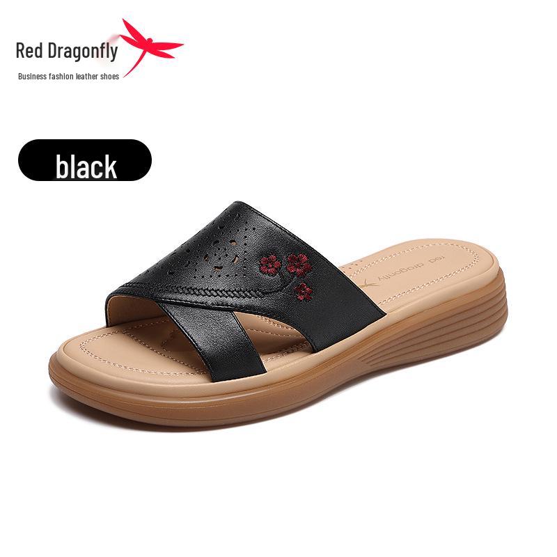 Red Dragonfly Women's Genuine Leather Non-slip Summer Slippers - Hollow Flat Bottom Cowhide Sandals for Middle-aged and Elderly.