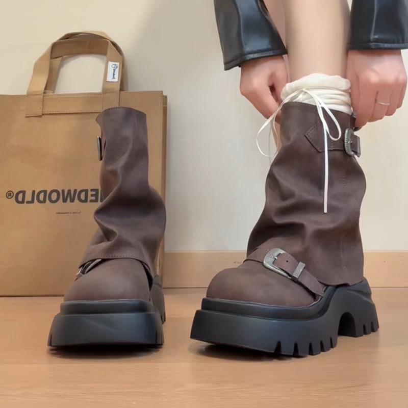 Retro Versatile Thick-soled Heightening Martin Boots Women's Autumn and Winter Fashion Casual Short Boots Maillard French Skirt Medium Boots