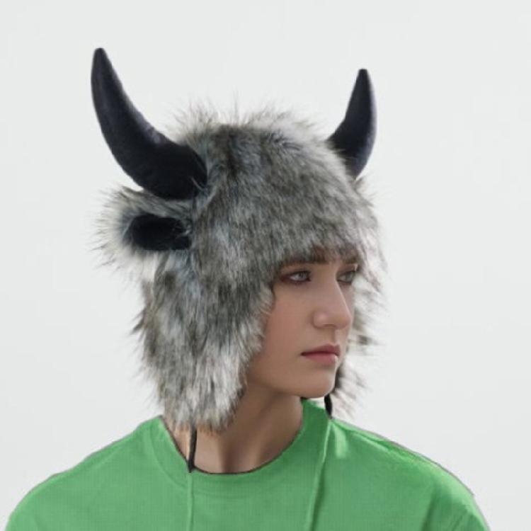 Animal Earflap Hat Cosplay Headwear Winter Warm Hat with Bull Horn For Women Teens Halloween Party Costume Accessories