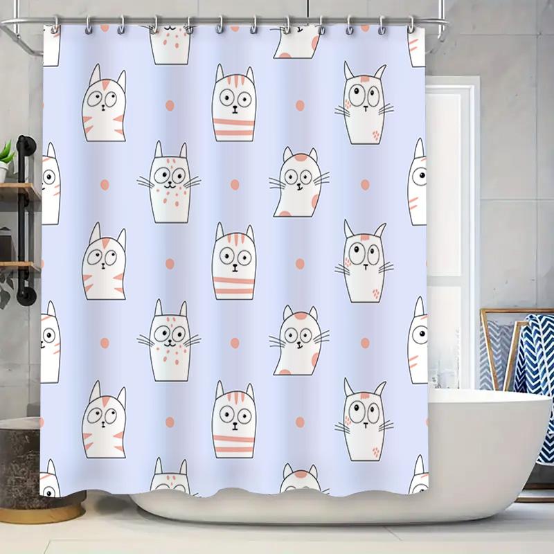 

Kawaii Cat Print Shower Curtain Blue And Pink Design For Bathrooms Decor Home Accessories In White Polyester Fabric Size 72 X 84 W60H190(CM)-1 Pcs