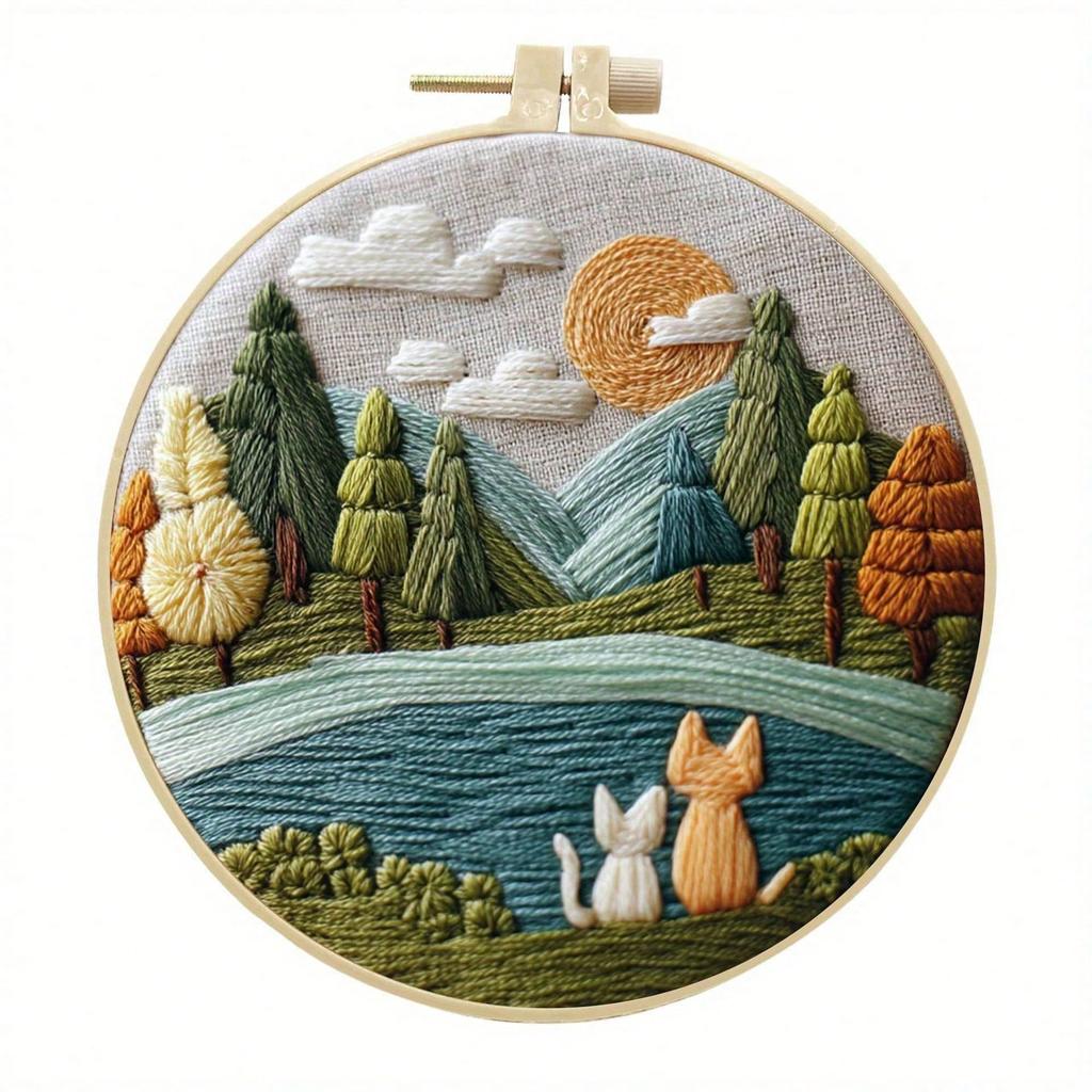 Landscape Cat Handmade DIY Embroidery Fabric Material Package, Suitable for Embroidery Lovers, Gift for Friends