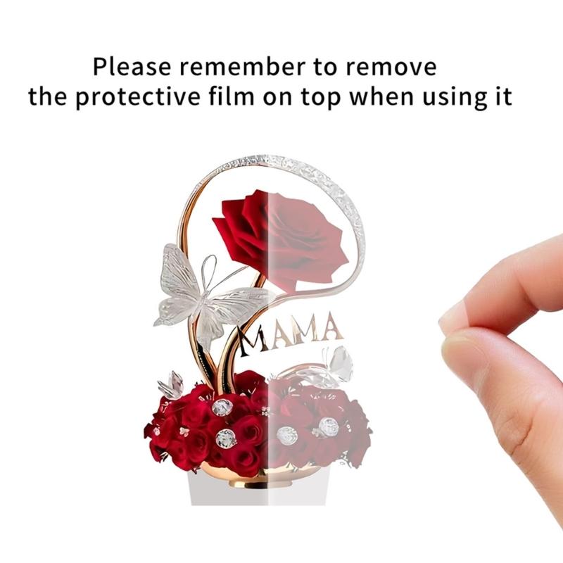 Red Rose 2D Acrylic Art Piece Ornament with Base for Christmas Mothers Day Gift Durable Desktop Shelf Decoration