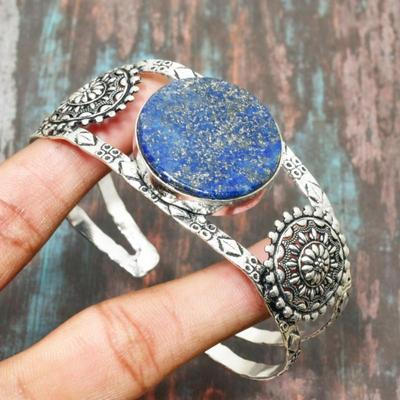 Brazalete de plata de ley 925 hecho a mano con piedras preciosas de lapislázuli ajustable para Acción de Gracias