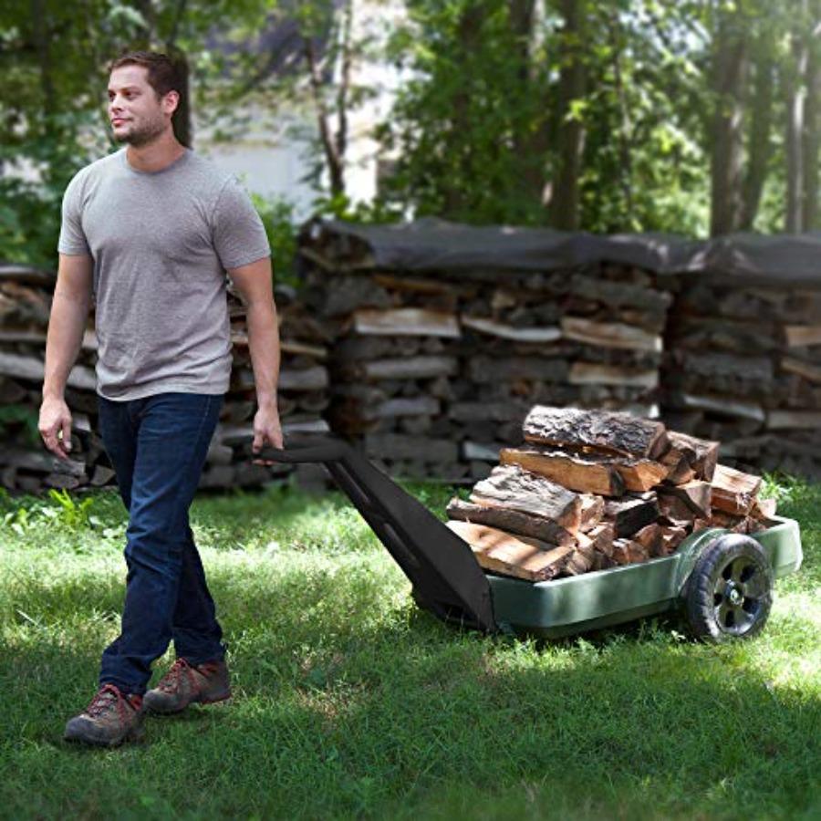 Yard and Garden Outdoor Cart - Long Handle Easy Turn 2 Wheel Heavy Duty Plastic Pull Cart for Backyard 42 in x 20 in x 4 in Bed