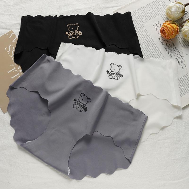 Damen-Slip aus Eisseide mit mittlerer Taille, gewellte Taille, bequeme Mädchenunterwäsche, süßer Cartoon-Druck, atmungsaktiver Schritt-Slip