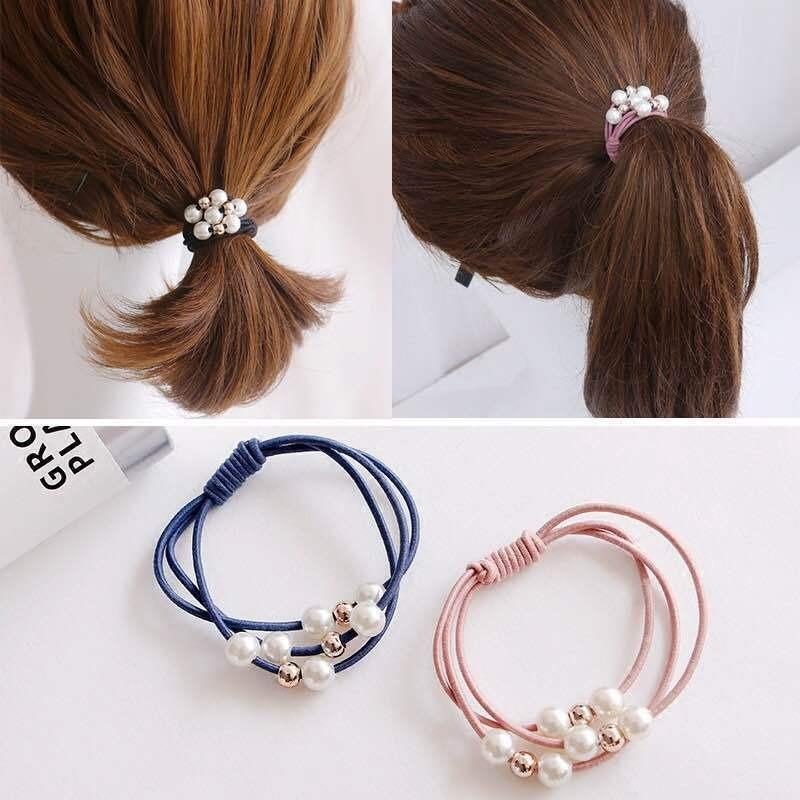 10pcs New Trendy Hair Accessories 3-Line 9-Pearl Elastic Ponytail Holder Popular Elastic Band for Women