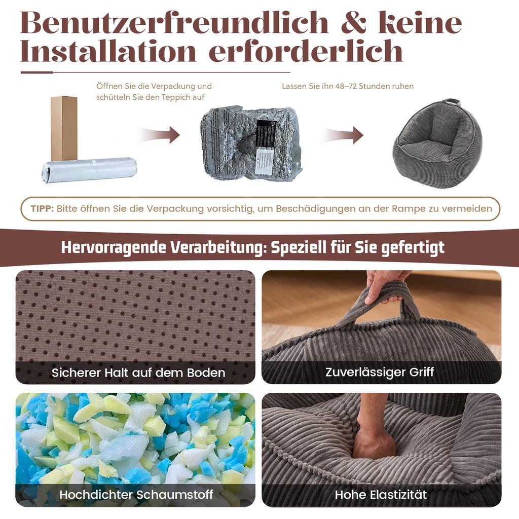 Sitzsack, Sitzsack für Erwachsene und Kinder, für Wohnzimmer, Schlafzimmer, Spielzimmer, Büro - Mittel (Hellgrau)