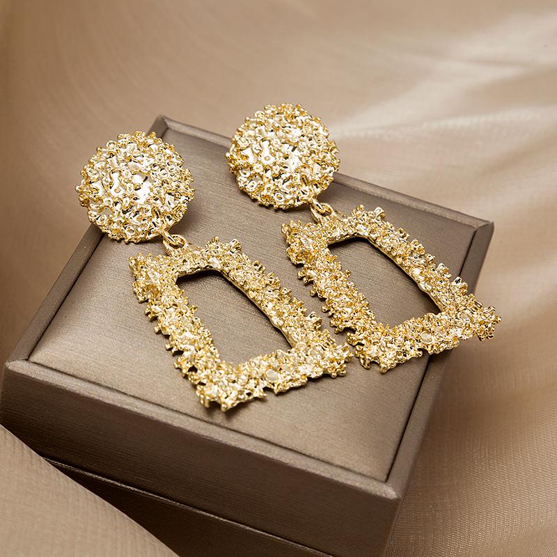 European & American Hot Sale: Trapezoidal Geometric Frosted Relief Metal Earrings, Bold Bohemian Style for Women