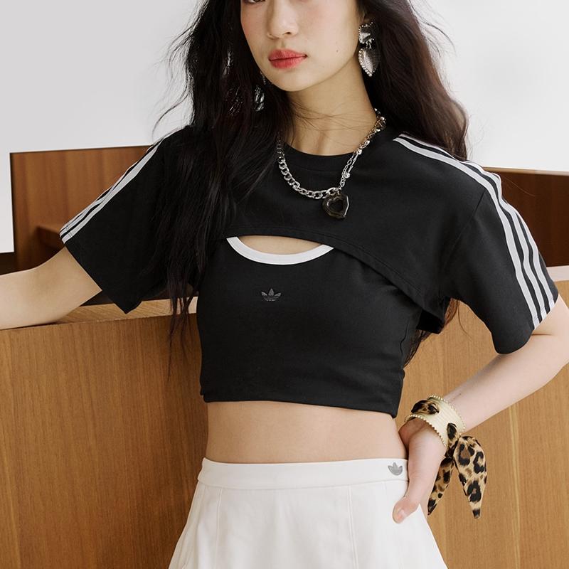 Adidas Originals Mode Rundhals Slim Fit Kurzarm T-Shirt Damen Tops Schwarz Weiß JD0042