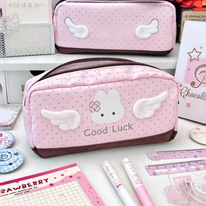 Cute Polka Dot 3D Bunny Wings Pencil Pouch Large Capacity Portable Stationery Storage Bag for Kids Teens School Daily Use