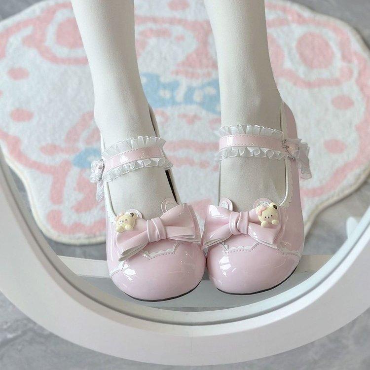 New round head cute sweet little leather shoes Fudie heart cute bow