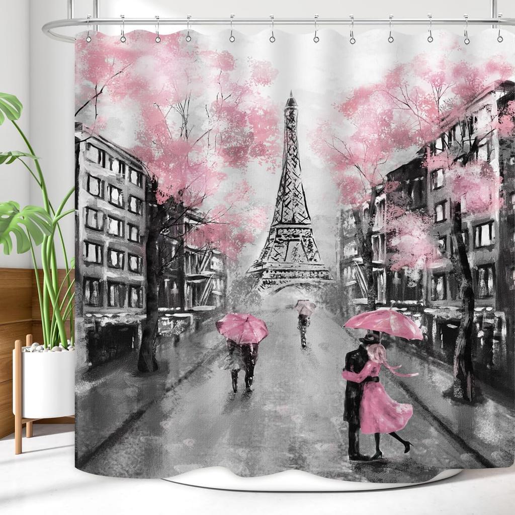Paris Eiffel Tower Shower Curtain Oil Painting European France City Landscape Modern Couple Black Pink Tree Home Bathroom Dcor