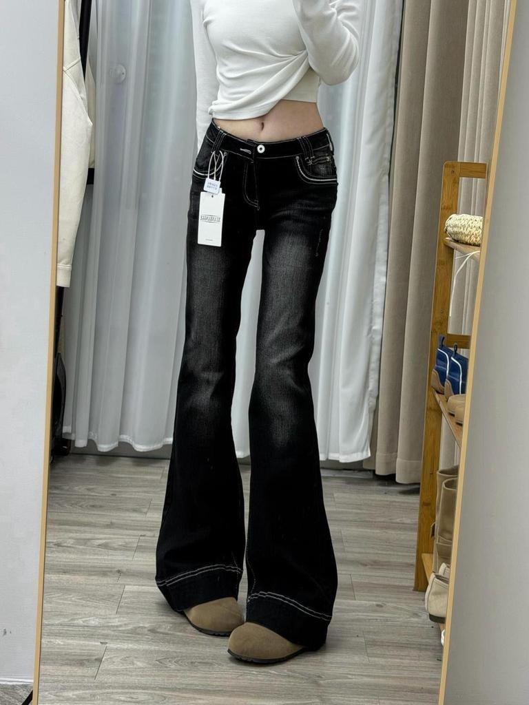 Trendiga 2026 Dam Svarta Lågmidjade Smala Micro-Flare Petite Jeans
