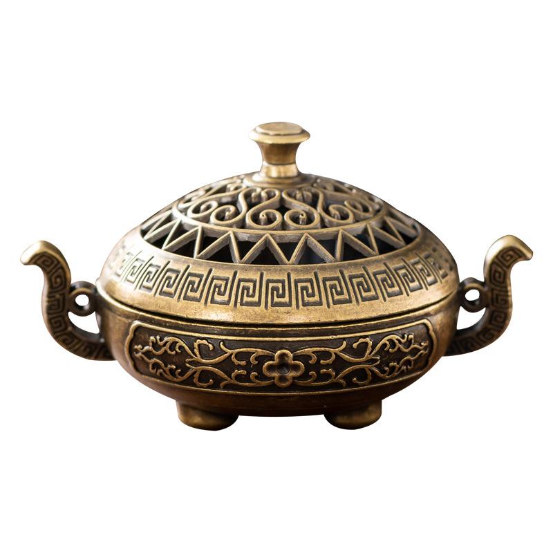 Binaural Antique Incense Burner Exquisite Pattern Hollow Three-legged Burner Indoor Alloy Incense Holders for Yoga Meditation Home Desktop Ornament