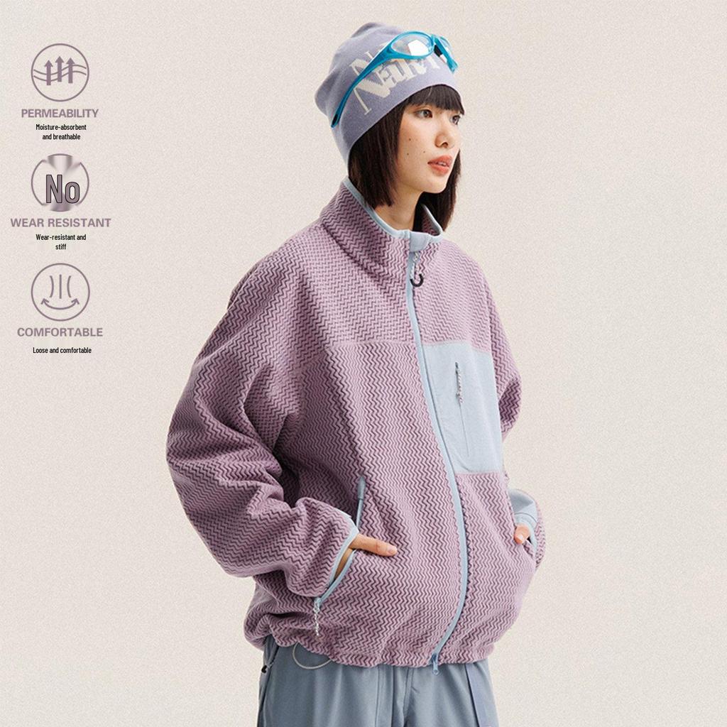 Unisex Outdoor Color Block Fleece Hiking Jacket with Stand Collar