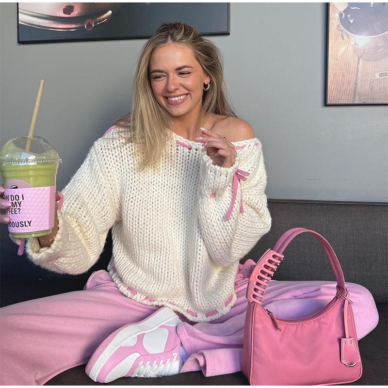 Повседневный свободный свитер женский модный бант на шнуровке косой воротник женский — фото 2