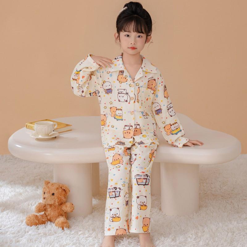 Cotton Girls Pajama Set Long Sleeve Button Front Sleepwear Kids 8 Years Thin Comfortable Home Outfit