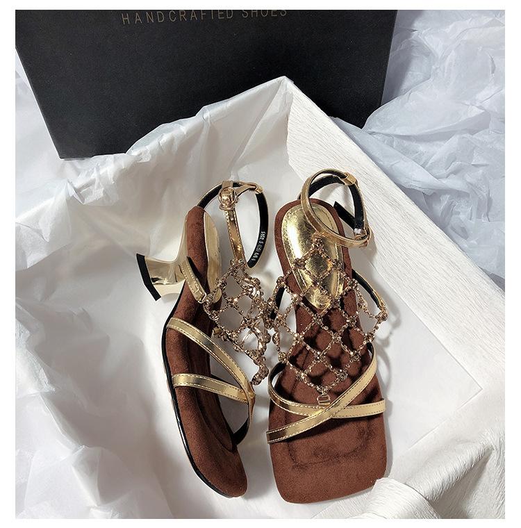 2025 New Rhinestone High Heel Square Head Thick Heel Internet Celebrity Temperament Metallic Commuter Open-toed Sandals