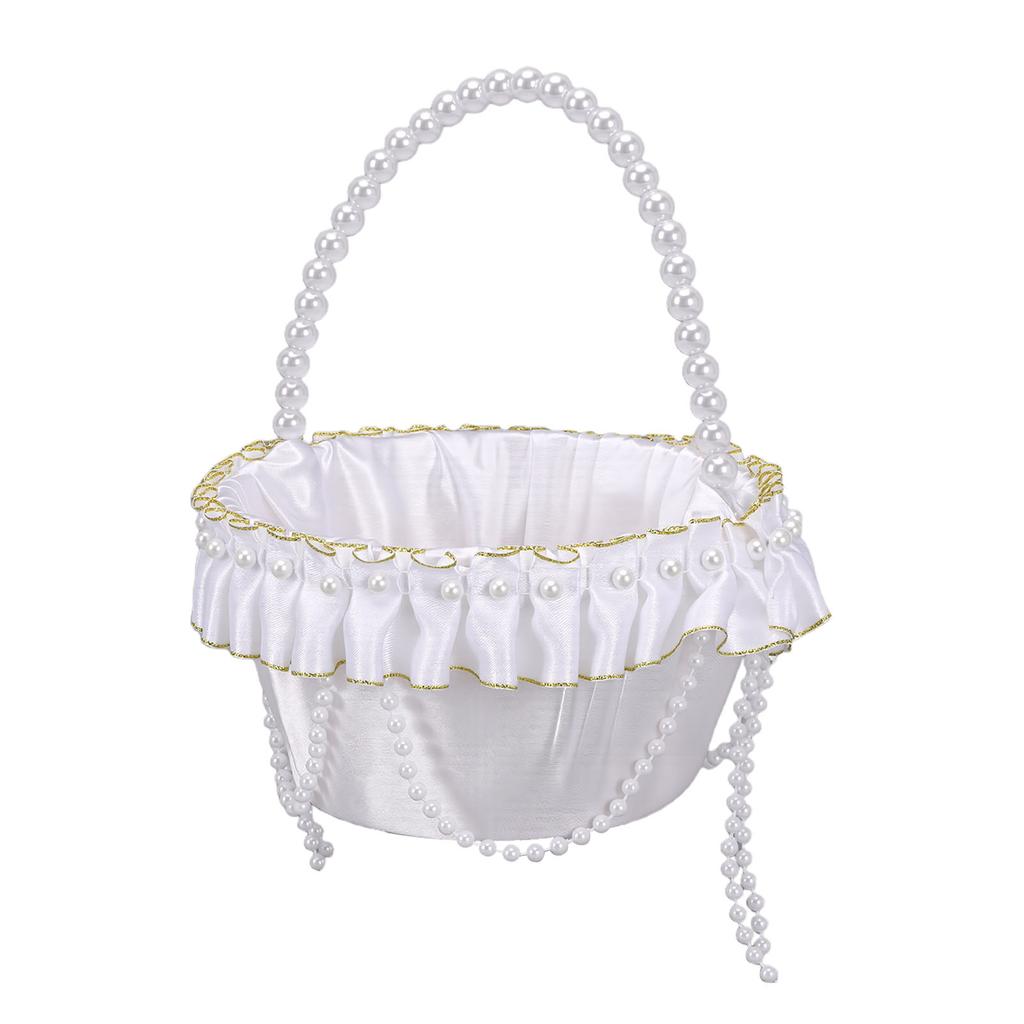 Hochzeit Blumenmädchen Korb mit Perlenhenkel Satin Blume Aufbewahrungskorb für Party Haus Dekoration Weiß