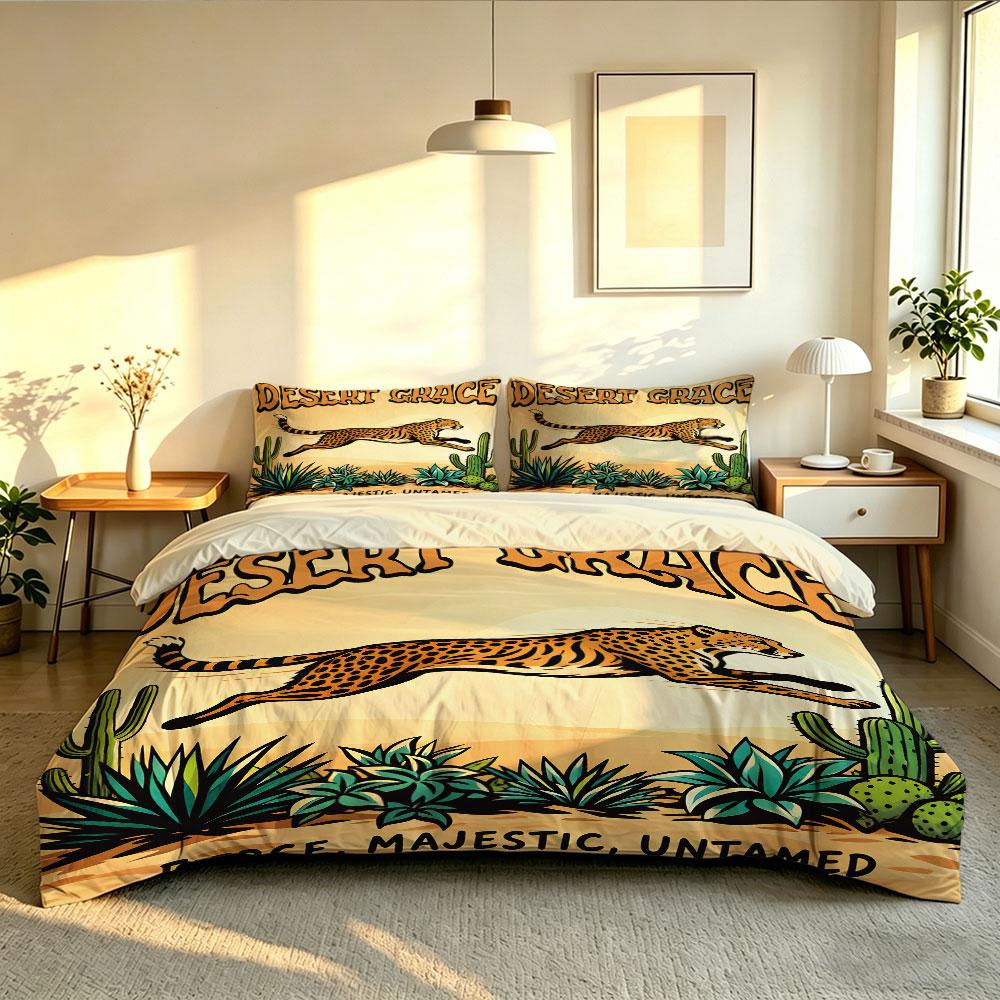 3pcs Desert Cartoon Leopard Print Multi Size Coreless Duvet Cover Set Soft Summer Cool Bedding Decoration Machine Washable