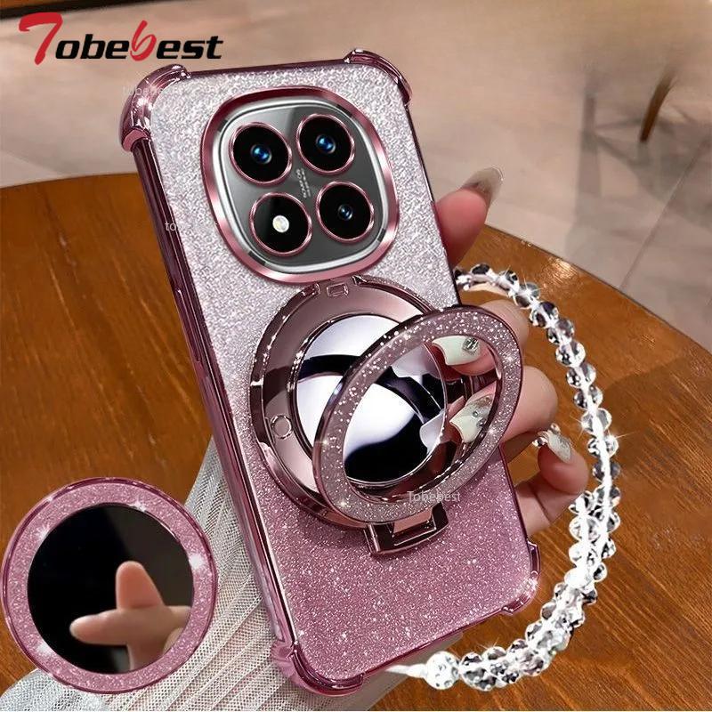 Shockproof Glitter Plating Case For Xiaomi Redmi 14C Note 14 Pro 4G 5G Crystal Bracelet Mirror Magnetic Holder Stand Soft Cover