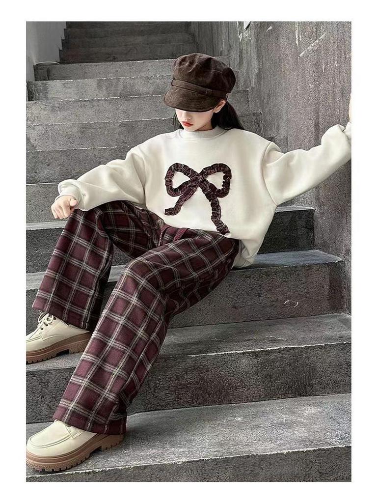Girls' Fashionable Plaid Pants & Bow Sweatshirt Set - Autumn/Winter 2025