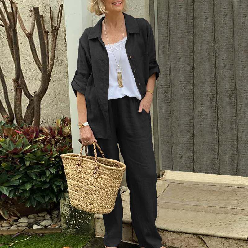 2024 Spring/Summer Women's Lapel Long Sleeve Cardigan and Pants Two-Piece Set