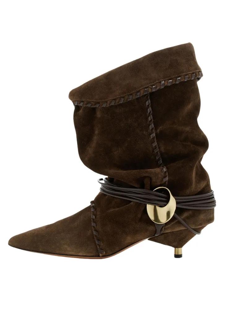 European and American Women's New Pointed Pleated 5cm Thin Heel Fringed Calf Boots, Knight Boots, Plus Size Mid Length Boots