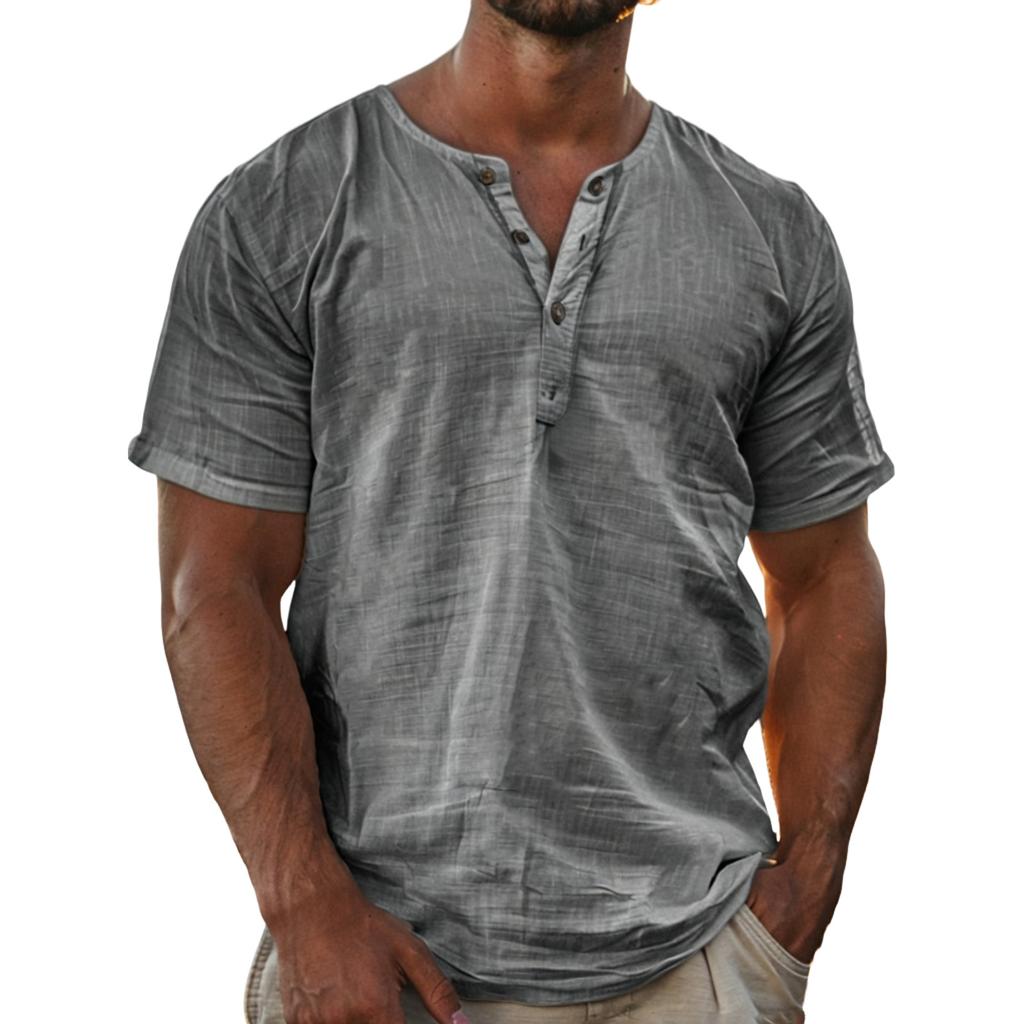 Men Henley Shirt Short Sleeve Button Down Linen Casual Loose Fit Summer Lightweight Top for Daily Wear