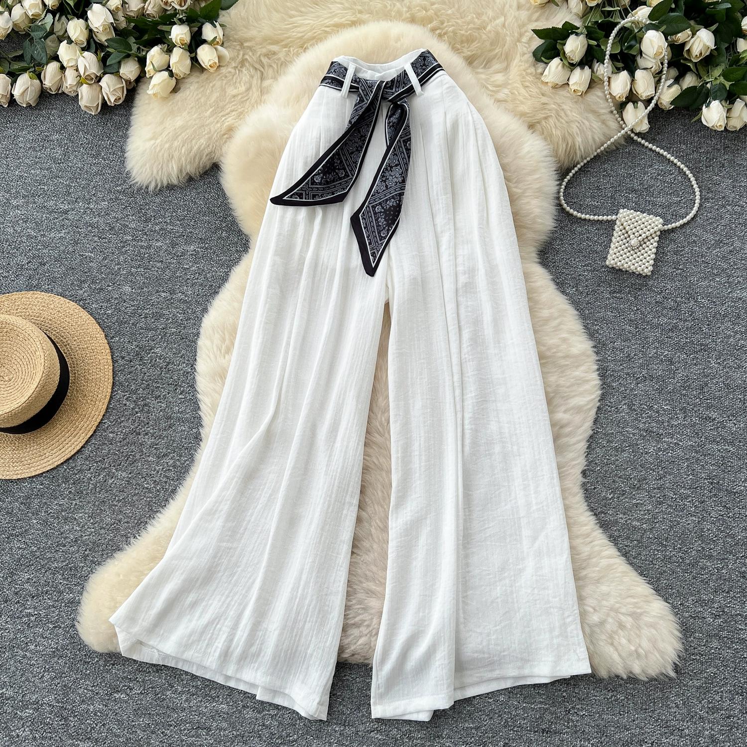 

Летние женские повседневные хлопково-льняные брюки с высокой талией и широкими штанинами на шнуровке с карманом для девочек XXL белый