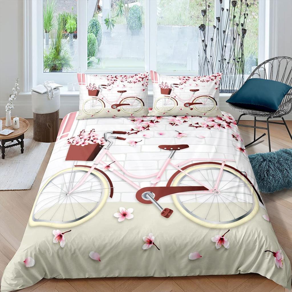 Pink Bicycle Duvet Cover For Girls Women Twin Full King Size,Roses Flower Bedding Set Bike Floral Green Leaves Comforter Cover