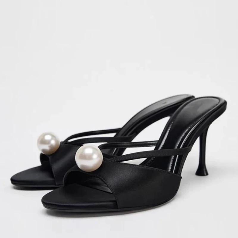 Satin Luxury High Heels Ladies Slides Summer Open Toe Elegant Sandals Women Fashion Slippers Female